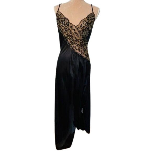 Colesce Collection Vintage 80s Black Gold Sheer Lace Lingerie Maxi Slip Dress 1X - Picture 2 of 12